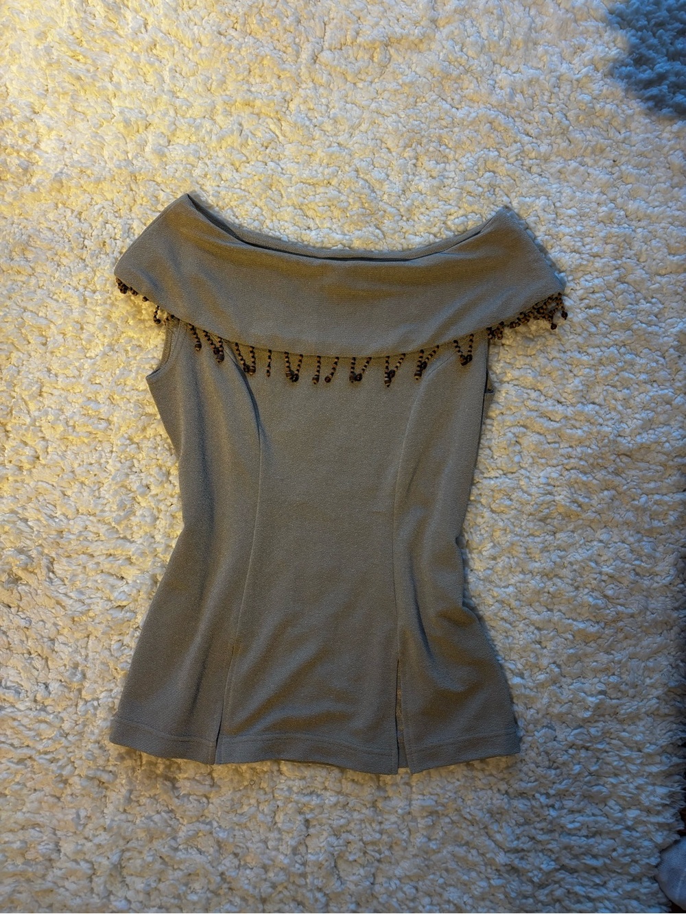 Nicole Off-Shoulder Taupe Beaded Trim Crop Top
